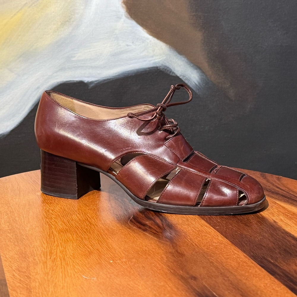 90s Enzo Fisherman Brown Leather Block Heel  Shoe Sandal 8